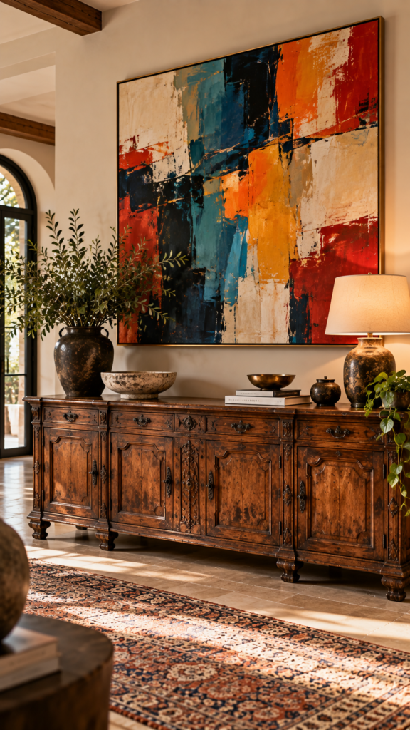 A bold modern abstract painting hung above an ornate vintage wooden credenza.