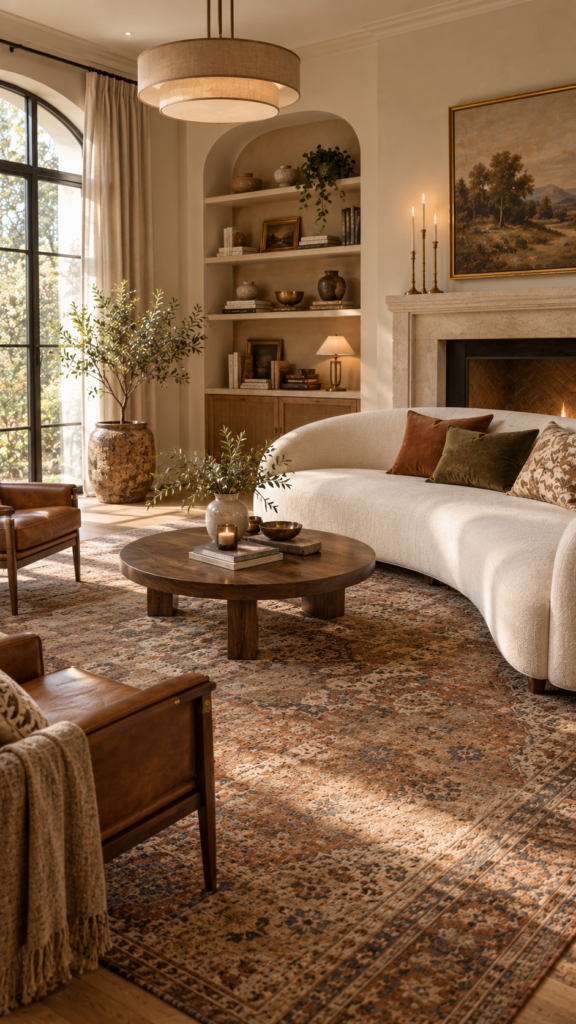  A large vintage Persian rug properly anchoring a modern curved sofa and leather accent chairs in a chic living room.