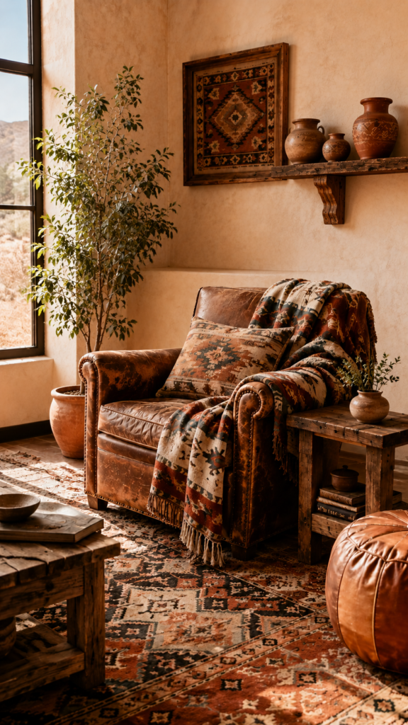 Southwestern inspired bohemian living room with a leather armchair, warm terracotta colors, and large cactus plants.