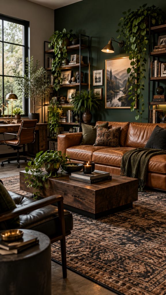 Modern boho study featuring a rich forest green accent wall, a tan leather sofa, and matte black shelves
