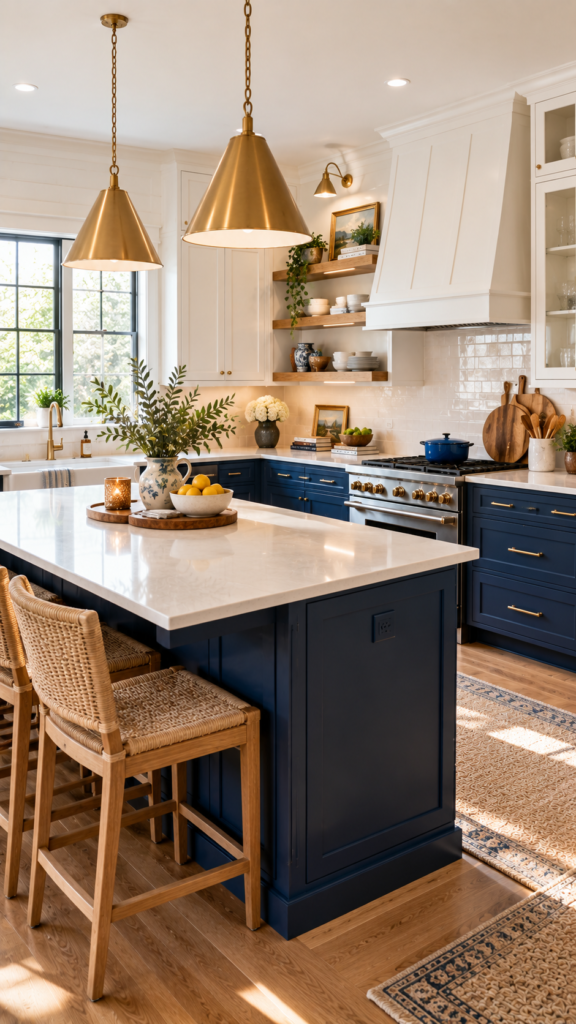 Modern kitchen featuring a fresh color palette with two-tone cabinetry, navy blue lowers, and crisp white uppers.