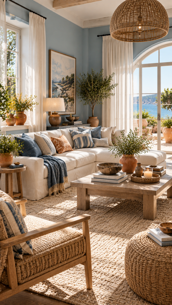 A relaxed coastal living room with soft blue walls, light driftwood furniture, and small terracotta clay pots.