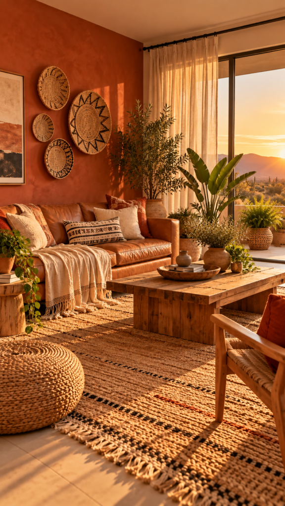 Cozy boho living room with desert terracotta walls, a tan leather sofa, and warm sandy beige textiles.