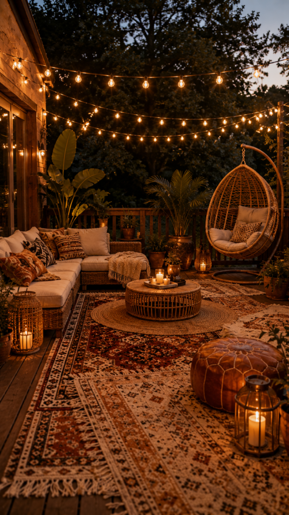 Cozy bohemian outdoor patio illuminated by warm string lights, featuring layered outdoor rugs and rattan furniture.