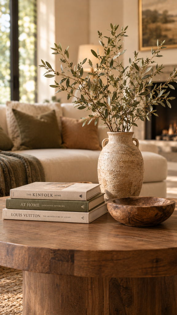 A coffee table styled using the rule of three with design books, a tall ceramic vase, and a wooden bowl