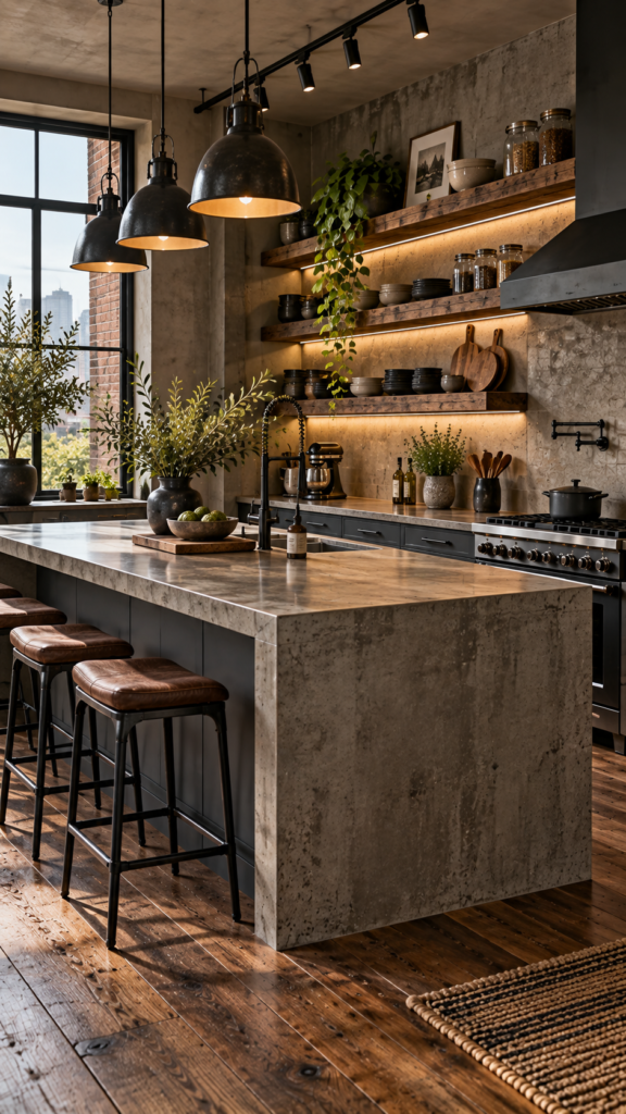 Industrial modern kitchen showing dark charcoal grey base cabinets paired with thick reclaimed wood floating shelves.