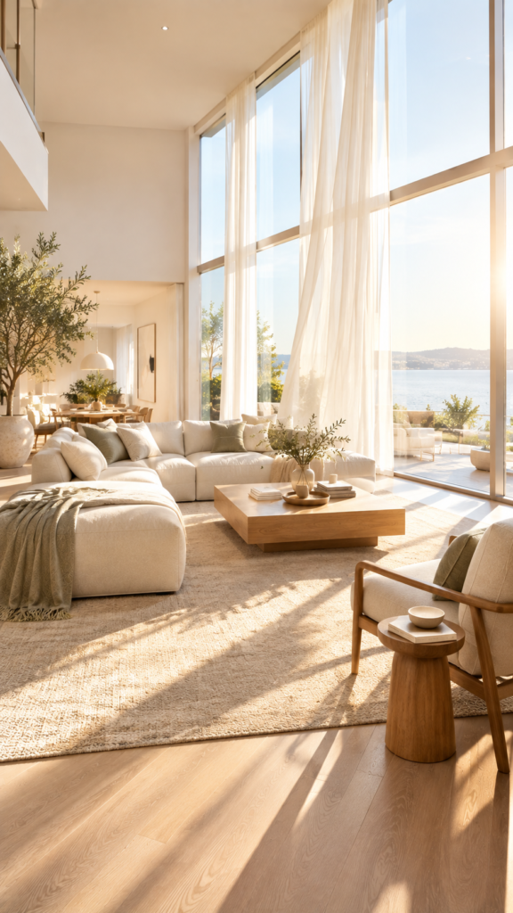 Warm sunlight streaming through clean, unblocked windows with sheer curtains into a bright modern living space.