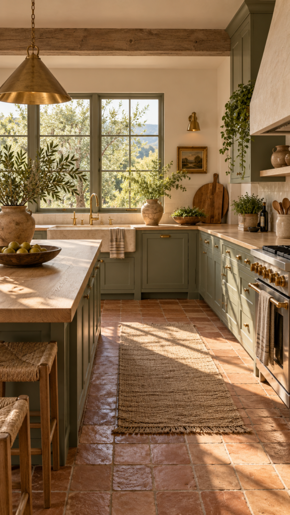 Organic modern kitchen featuring sage green cabinets, warm terracotta floor tiles, and unlacquered brass hardware.