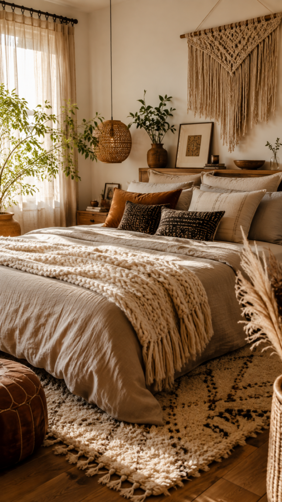 Cozy bohemian bedroom featuring a bed heavily layered with linen bedding, chunky knit blankets, and textured throw pillows.