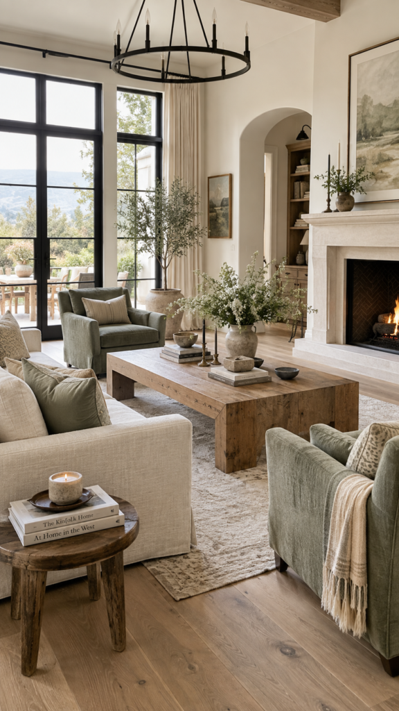 A calm living room featuring warm white walls, natural oak wood flooring, and sage green accent chairs and pillows.