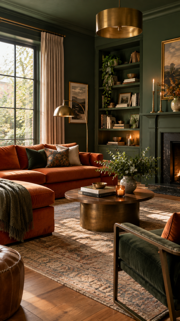 Stylish living room demonstrating a complementary color scheme using dark green walls and a bright orange velvet sofa.