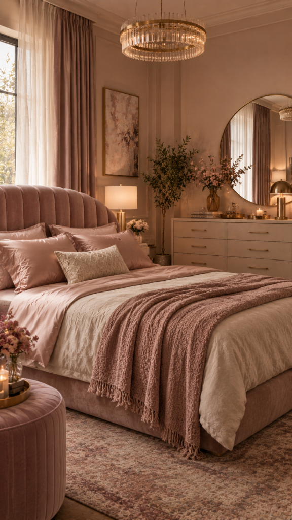 Elegant modern glam bedroom decor featuring muted blush tones, curved velvet furniture, and brushed brass details.