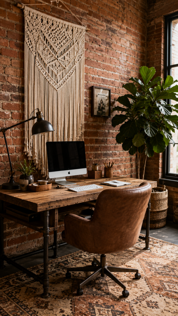 Industrial bohemian home office combining a raw wood and metal pipe desk with soft macrame decor and green plants.