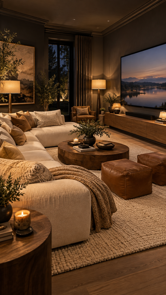 A highly textured living room with moody charcoal gray walls, a bright cream sectional sofa, and warm camel leather poufs.