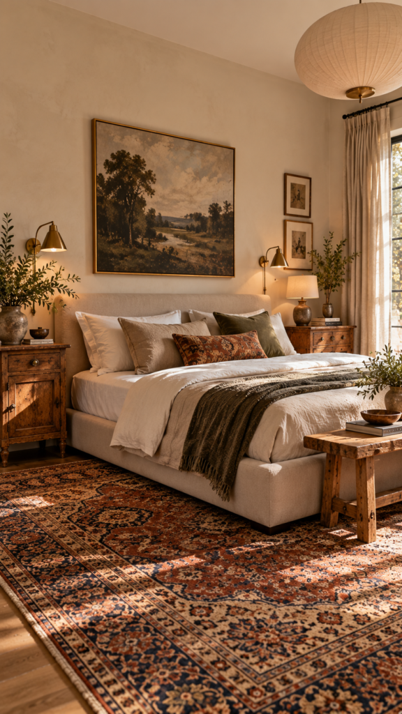 A modern minimalist platform bed accented by vintage wooden nightstands and an antique Persian rug