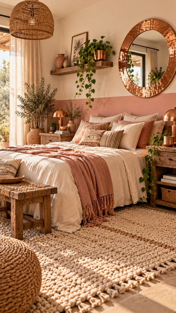 Gentle boho guest bedroom featuring a dusty pink half-wall, ivory textiles, and shiny copper mirror accents.