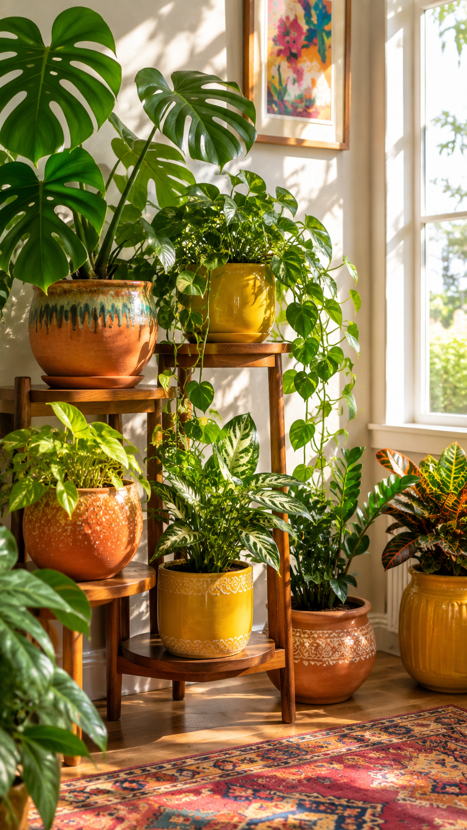 A variety of lush indoor houseplants beautifully displayed in brightly colored and patterned ceramic planters
