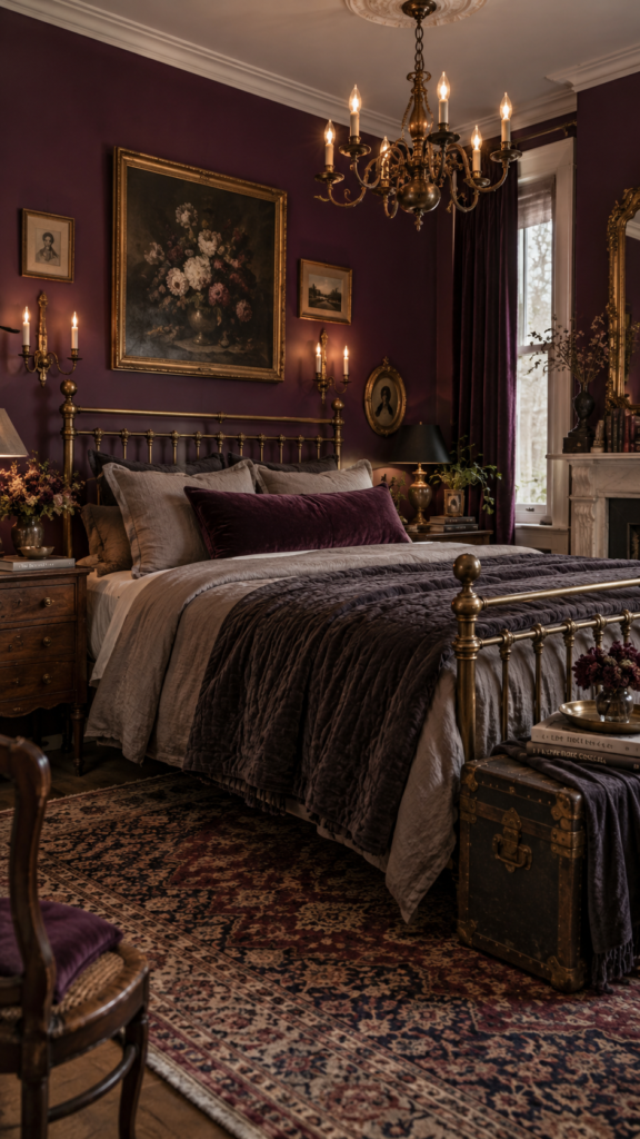 Vintage eclectic bedroom with rich plum purple walls, an antique brass bed frame, and moody atmospheric lighting.