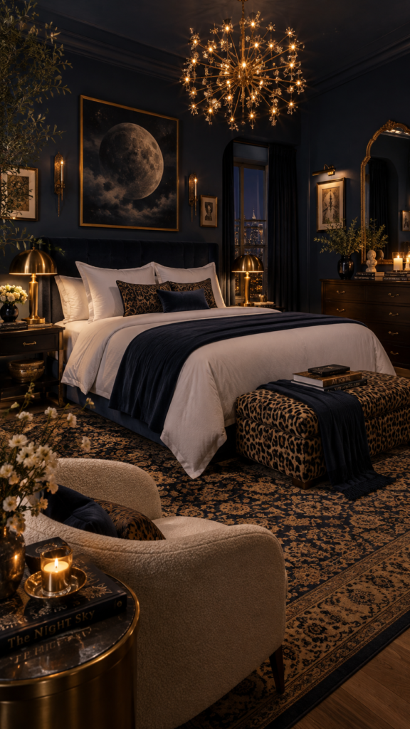 Eclectic luxury bedroom at night featuring deep navy blue walls, bright white sheets, and warm glowing brass lighting accents.