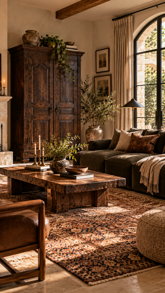 A heavy vintage wooden armoire balanced by a chunky modern sofa in a living room.