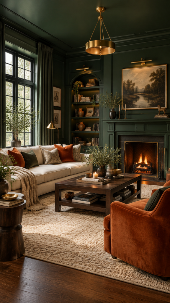  A dramatic den-style living room with color-drenched forest green walls and vibrant burnt orange velvet accent pillows.