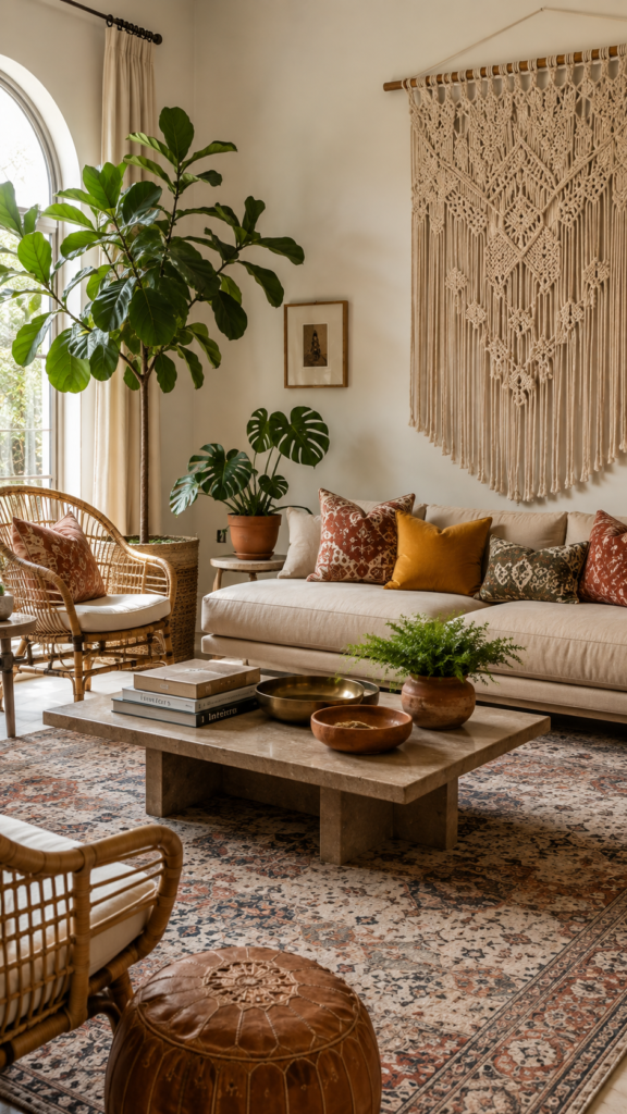 Modern bohemian lounge room with a sleek sand-colored sofa, natural rattan accent chairs, a large macrame wall hanging, and lush indoor plants in woven baskets