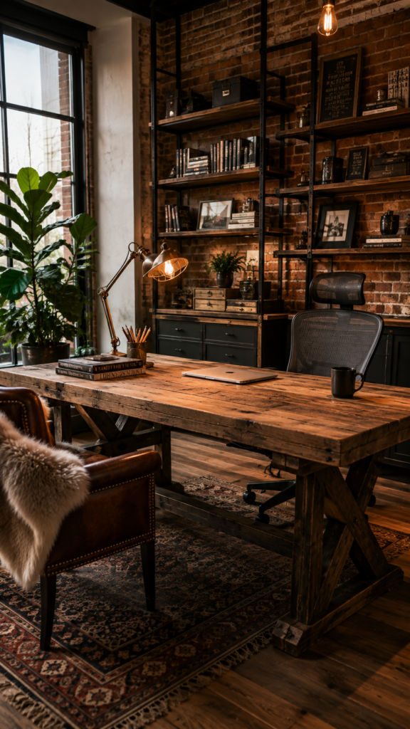 A cozy industrial farmhouse home office with a rustic wooden dining table used as a desk, an exposed red brick wall, and floor-to-ceiling matte black metal shelving.