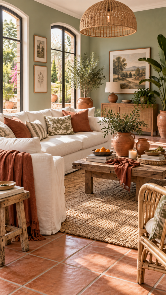 An airy bohemian living room featuring soothing sage green walls, a white slipcovered sofa, and terracotta floor tiles.