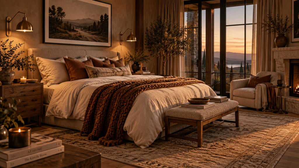 A highly comfortable and restful bedroom sanctuary at dusk featuring warm earthy tones, luxurious linens, and relaxing ambient lighting