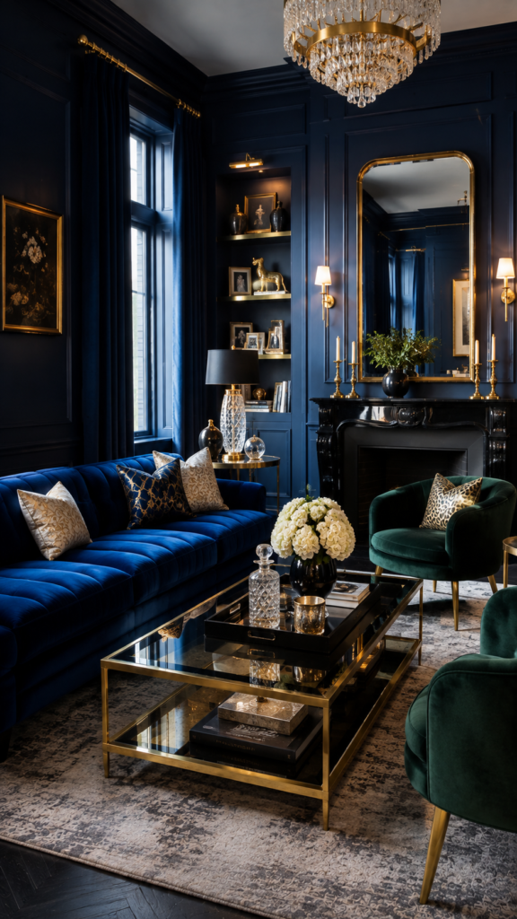 Rich jewel-tone luxury living room decorated with a sapphire blue velvet sofa, emerald green chairs, and gold hardware.
