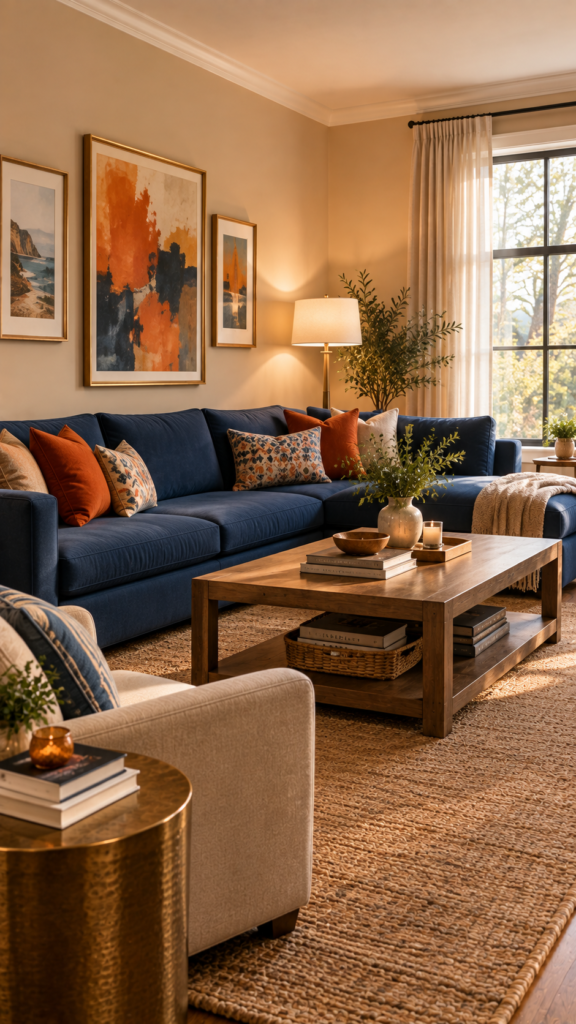 Living room demonstrating the 60-30-10 color rule with beige walls, a navy blue sofa, and burnt orange accent pillows.