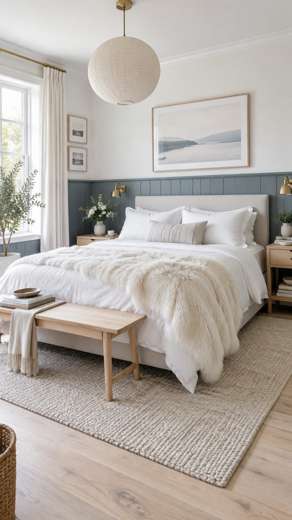 Scandinavian bedroom design with a cool slate blue wainscoting half-wall, crisp white bedding, and light ash wood flooring.