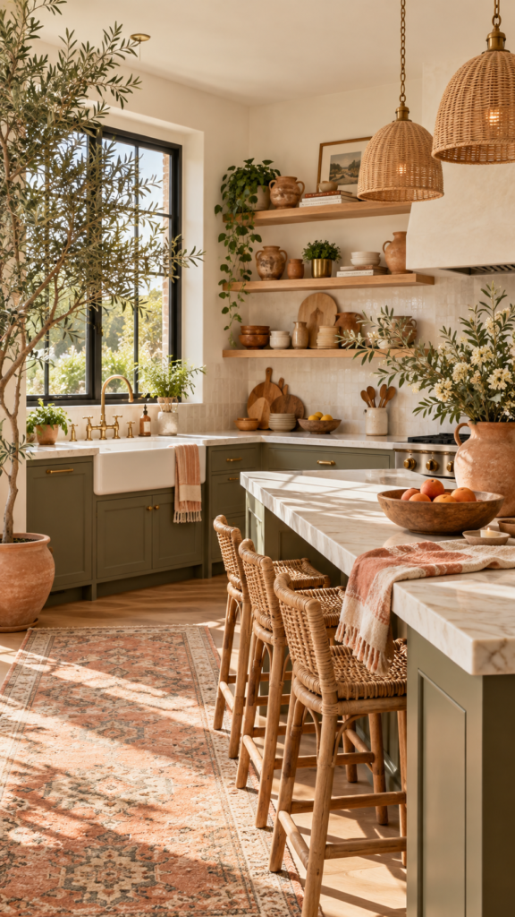 Bright boho kitchen with creamy walls, soft peach decor, and an olive green indoor tree in a terracotta pot.
