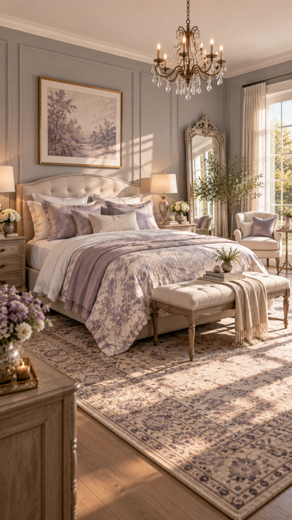 Romantic traditional bedroom with misty soft gray walls, a subtle lavender patterned quilt, and an ornate vintage silver mirror.