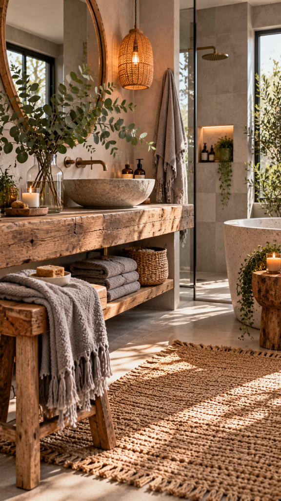 Spa-like bohemian bathroom featuring soft dove gray tiles, weathered wood, and fresh eucalyptus branches