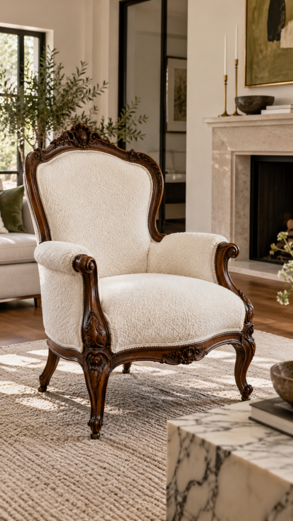 A vintage wooden armchair beautifully reupholstered in modern white bouclé fabric.