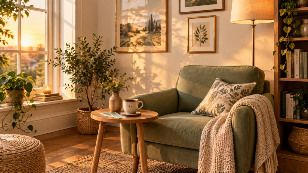 Cozy reading corner with a soft green armchair and paint color swatches resting on a wooden side table at sunset.