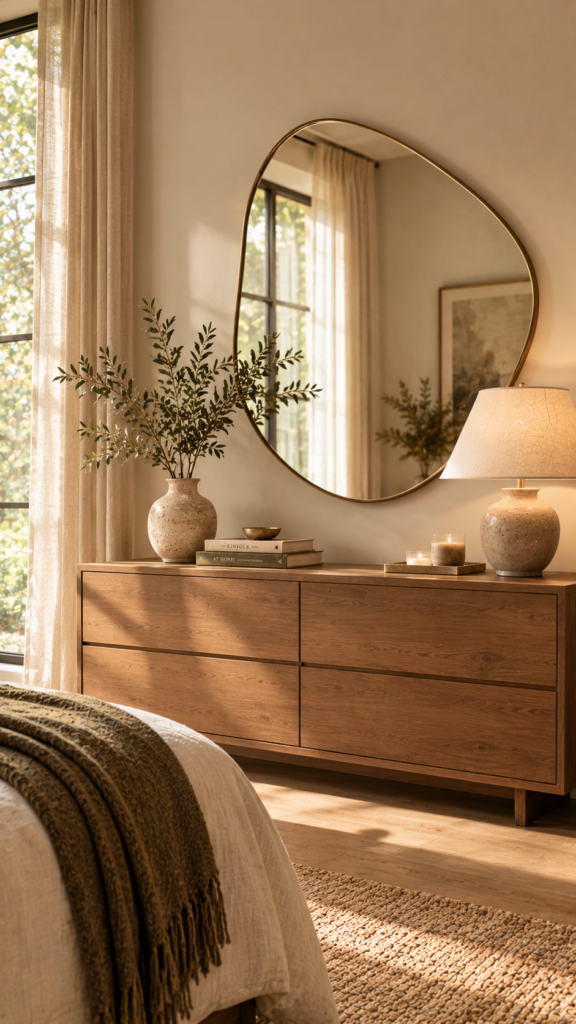 An asymmetrical, organic-shaped mirror with a thin brass rim hanging above a sleek wooden dresser.
