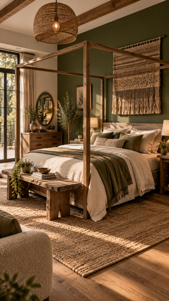 Rustic modern organic bedroom with a deep olive green accent wall, a raw wood canopy bed, and earthy textures.