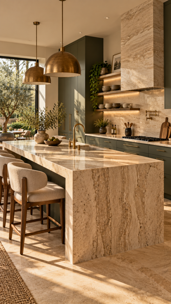 Quiet luxury kitchen aesthetic with understated olive green flat-panel cabinets and warm creamy beige walls.