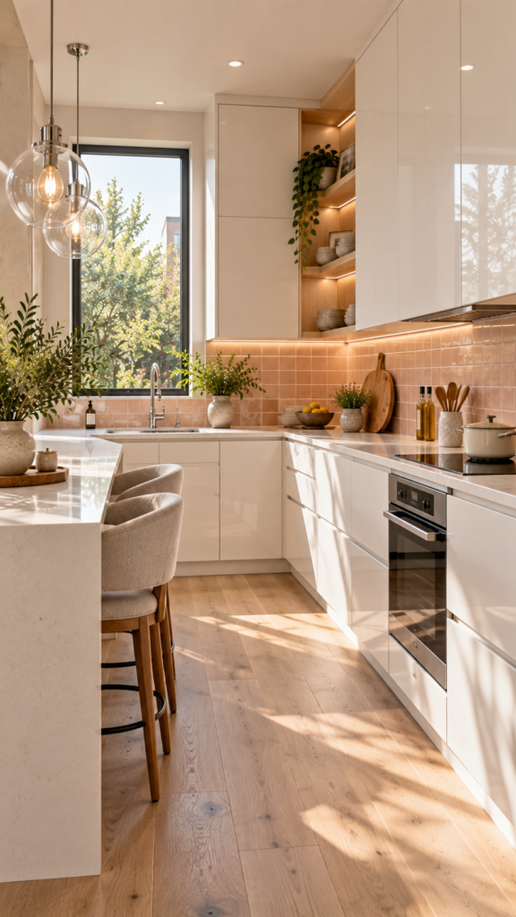 Soft contemporary kitchen highlighting stark white handle-less cabinets mixed with an earthy peach glass tile backsplash.