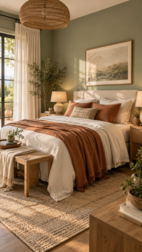 Organic modern bedroom interior with matte sage green walls, terracotta linen pillows, and light oak wood nightstands.