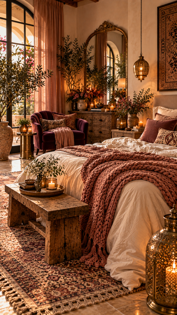 Romantic boho bedroom layering vanilla linen sheets, a deep plum velvet chair, and a dusty rose blanket.