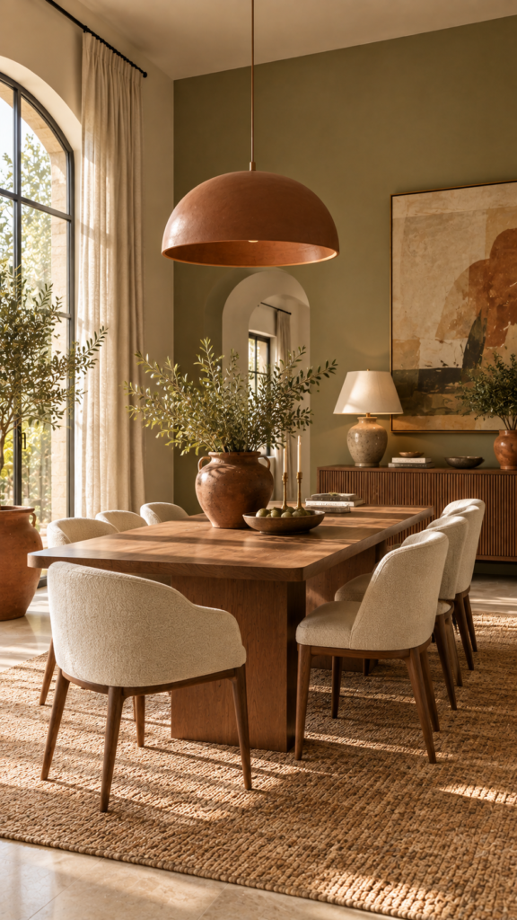 A chic dining room decorated in a cohesive earthy color palette of terracotta, olive green, and warm cream.
