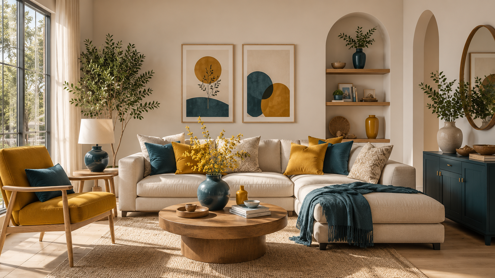  A beautifully balanced living room featuring colorful home decor ideas with warm mustard and teal accents against neutral walls.