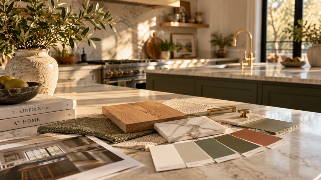 Close-up of interior design material samples including colorful paint swatches, oak wood, and marble tiles on a sunlit kitchen island.