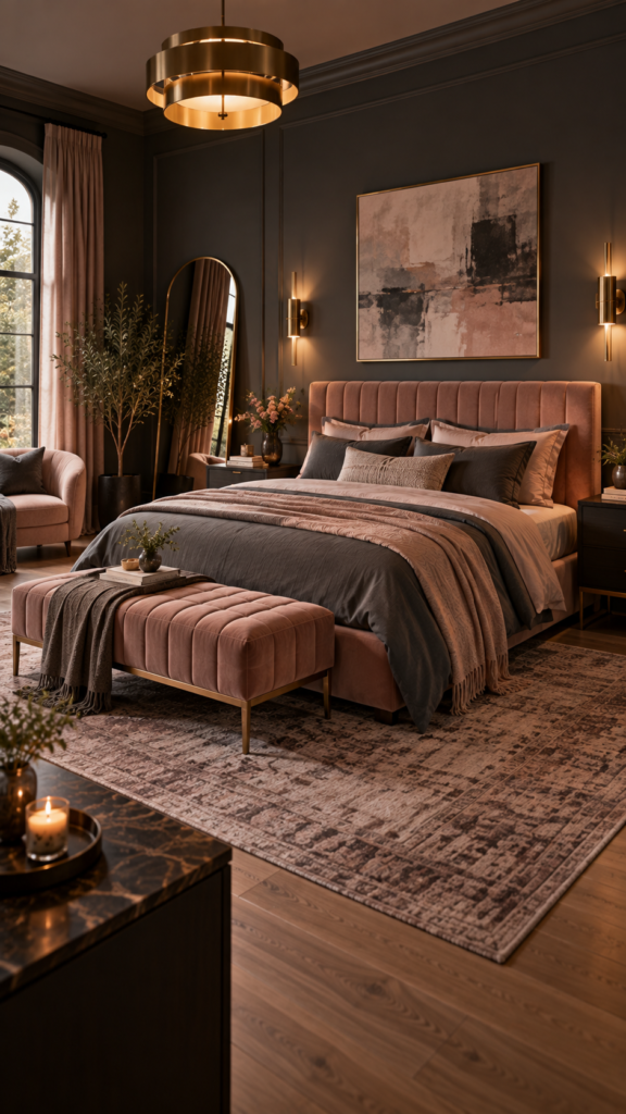 Contemporary moody bedroom featuring dark charcoal gray walls, an upholstered blush pink velvet bed, and warm brass sconces.
