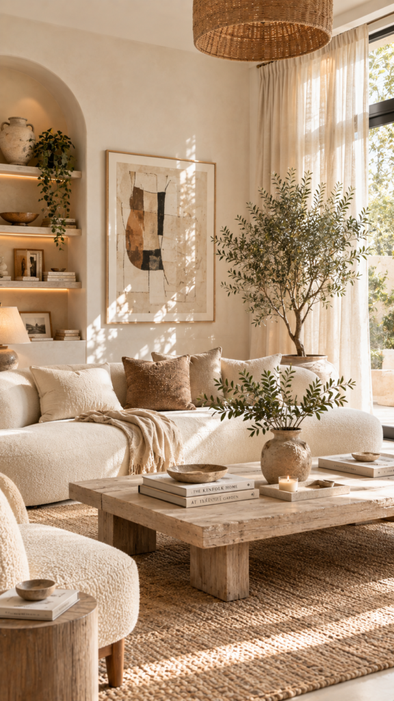 Minimalist neutral living room layered with cozy textures, cream furniture, and warm beige tones
