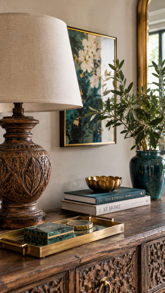 Close-up of an eclectic console table displaying a perfect mix of textures, featuring a heavily carved vintage wooden lamp and a sleek minimalist metal tray