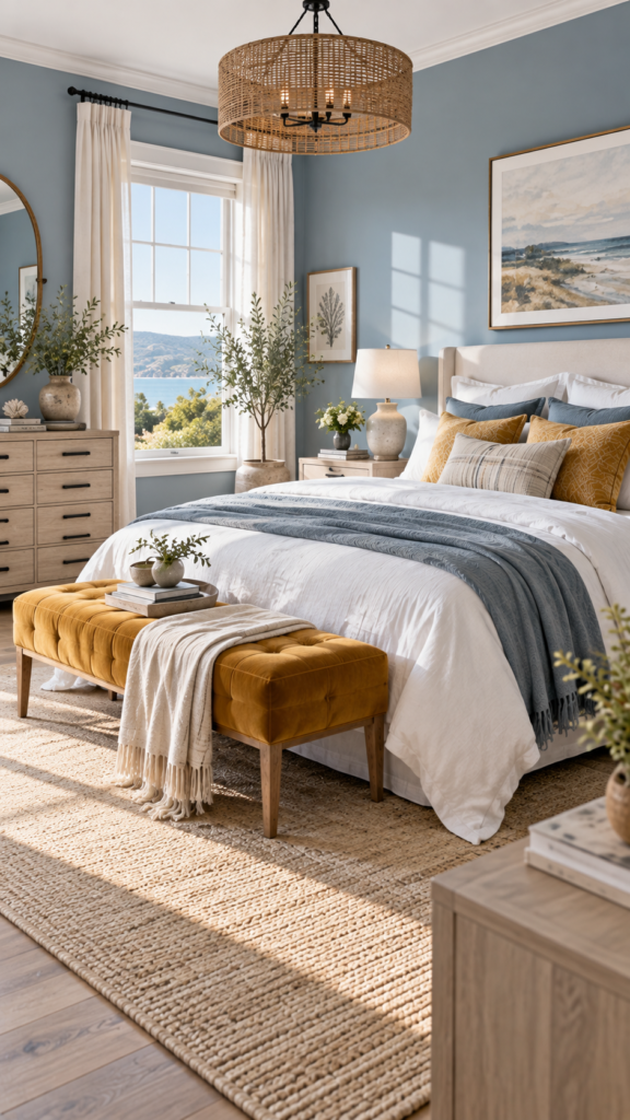 Coastal transitional bedroom featuring dusty blue walls, crisp white bedding, and a mustard yellow velvet bench.